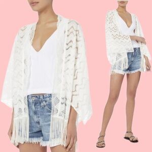 ANNA SUI ONE SIZE Off White Boho Paisley Lace Festival Fringe Kimono OS